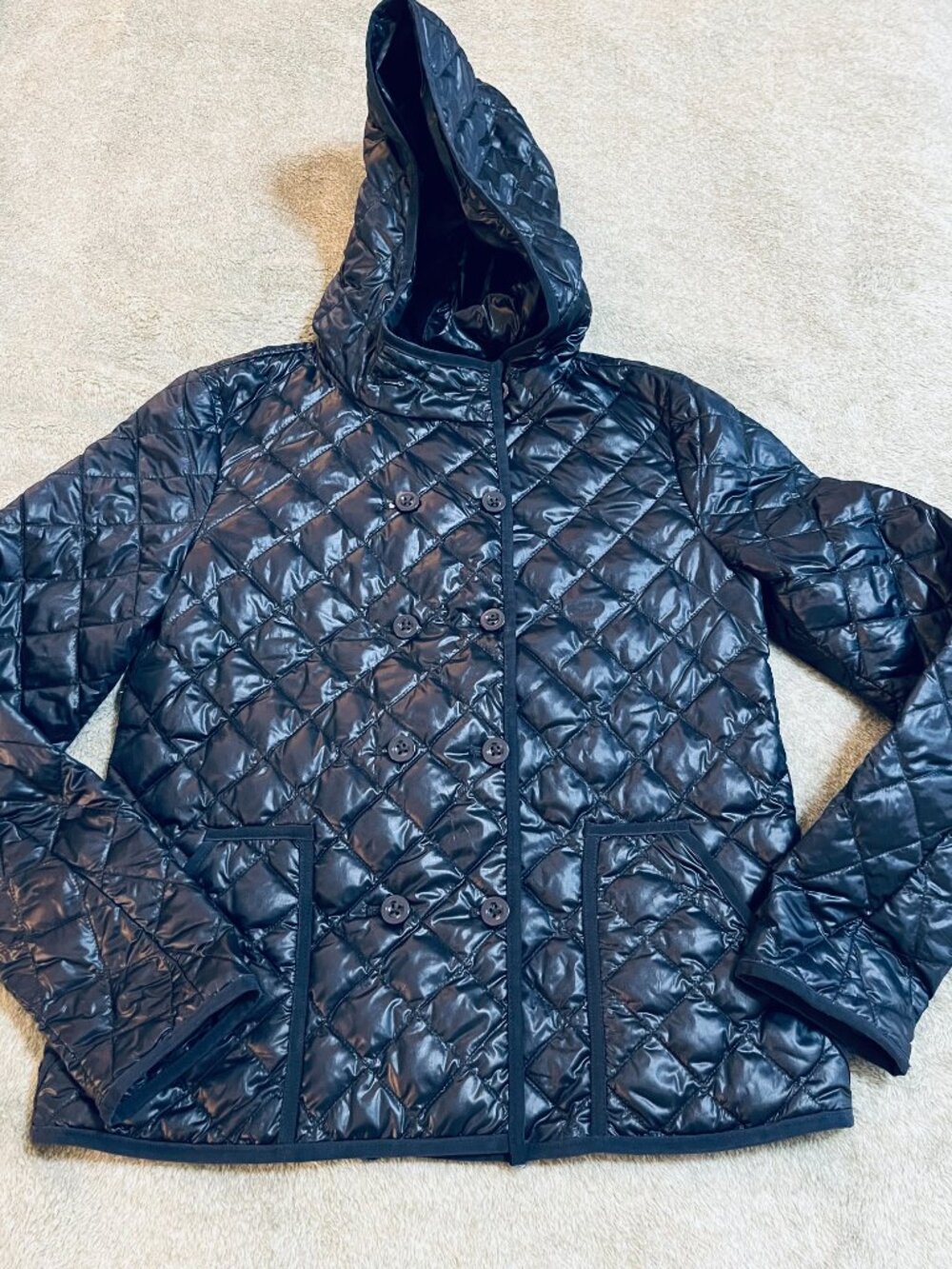 J.Crew Womens Navy Quilted Down Puffer Jacket Hooded Double Breasted XS 34250